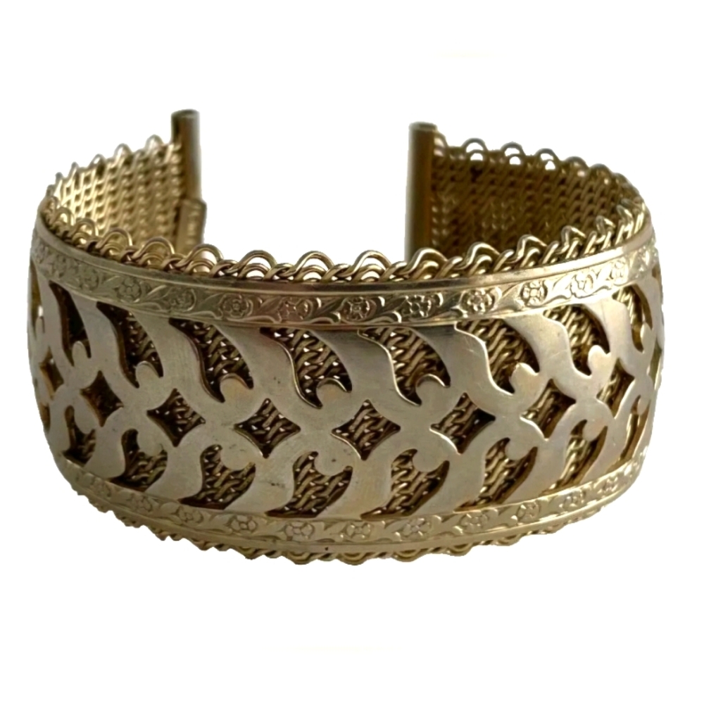 Vintage 1950s VOLUPTE Cuff Bracelet Goldtone Mesh By Oscar De La Renta MCM
